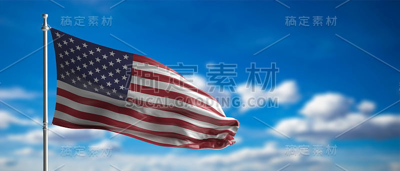 蓝天背景下飘扬的美国国旗。三维演示