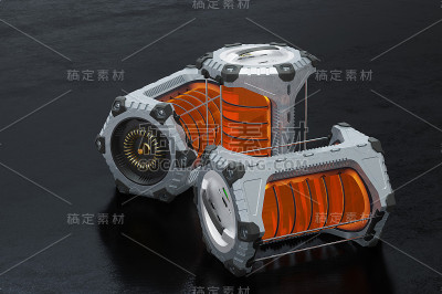 侧面的三个SciFi六角形电池与一个橙色半透明圆筒