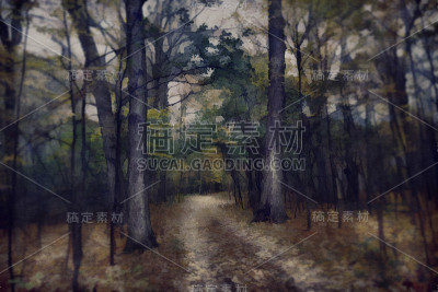 幻想穿越秋天的森林之路，水彩画效果