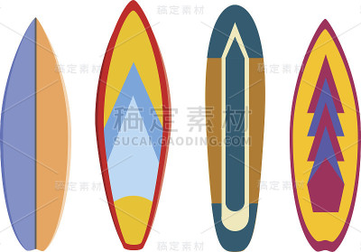 现代彩色冲浪板设置在白色背景