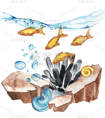 海洋生物景观-海洋和水下世界不同的居民。水族馆的概念海报，t恤，标签，网站，明信片。