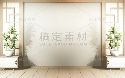 现场空房间装饰和榻榻米地板。三维渲染