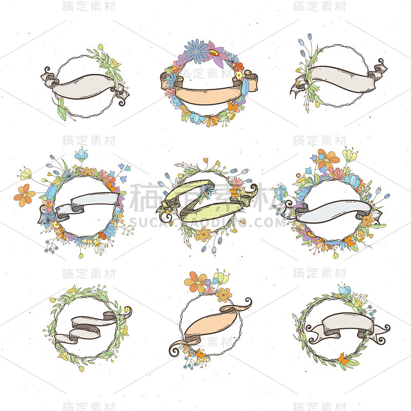 乡村手绘花卉元素和丝带集。矢量花涂鸦，树枝，花，月桂和框架。