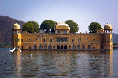 从曼萨加尔湖看Jal Mahal。Jal Mahal是斋浦尔的主要旅游景点