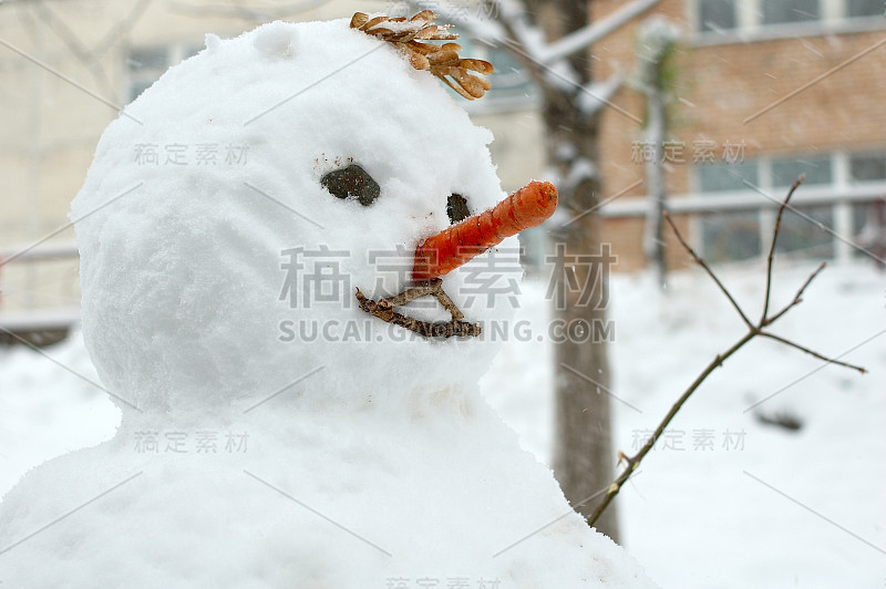 有胡萝卜鼻子的滑稽雪人。