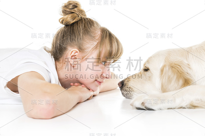 漂亮的少女和她美丽的金毛猎犬在白色的背景