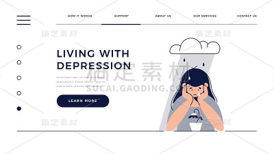 抑郁，悲伤，精神疾病网页模板。悲伤，不开心的少女坐在雨云下，感到悲伤，悲伤。精神障碍，悲伤，抑郁的概