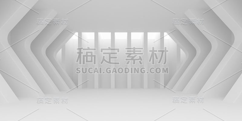 建筑空间的抽象与节奏的白色结构与阳光投射在墙上的阴影。3 d渲染。