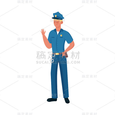 身穿蓝色制服、戴着帽子的警察站着摆姿势。矢量插图孤立在白色背景