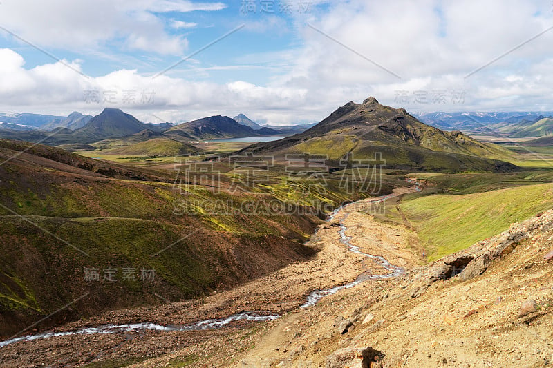 View mountain valley with green hills, river strea