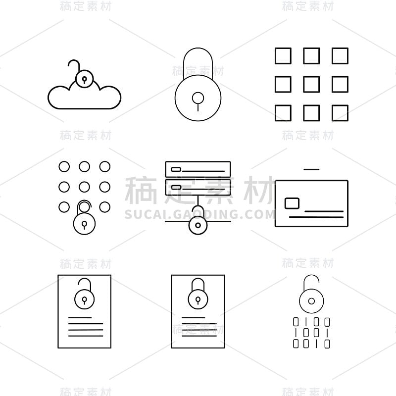 网络安全简单线性矢量轮廓图标集