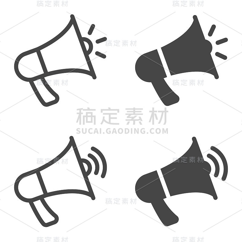 扩音器，扬声器图标在平面和轮廓风格孤立的白色背景。矢量插图。