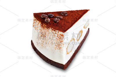 提拉米苏蛋糕装饰咖啡豆在白色孤立的背景