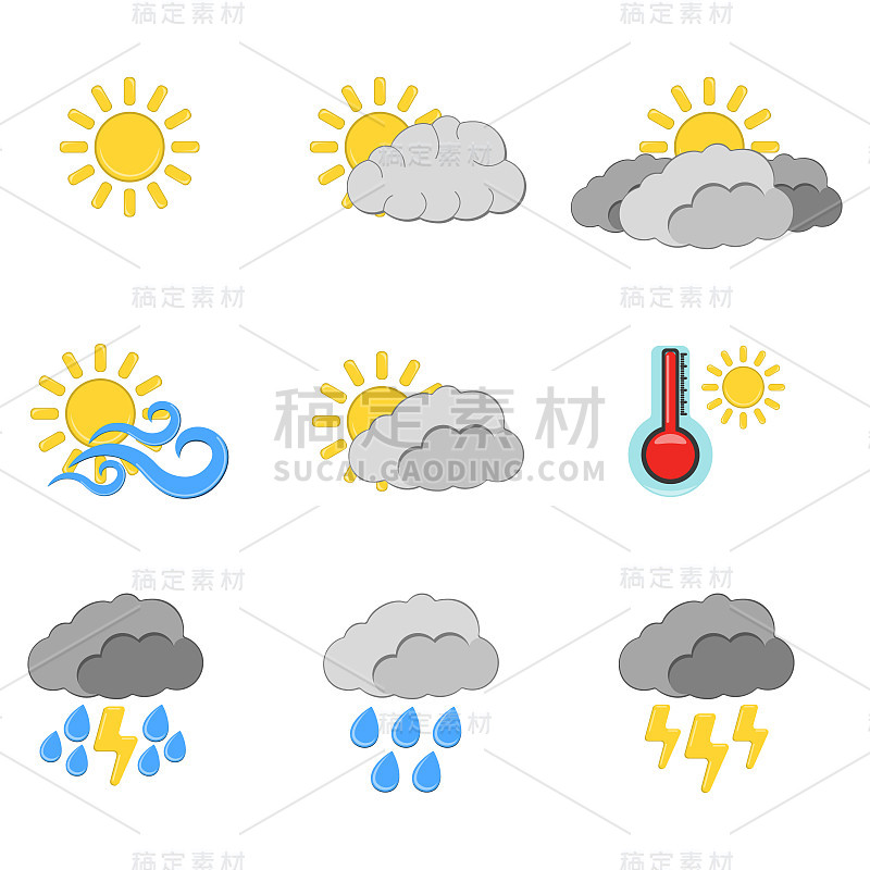 一套9个天气图标。天气标签为网页上的白色背景。卡通向量树脂