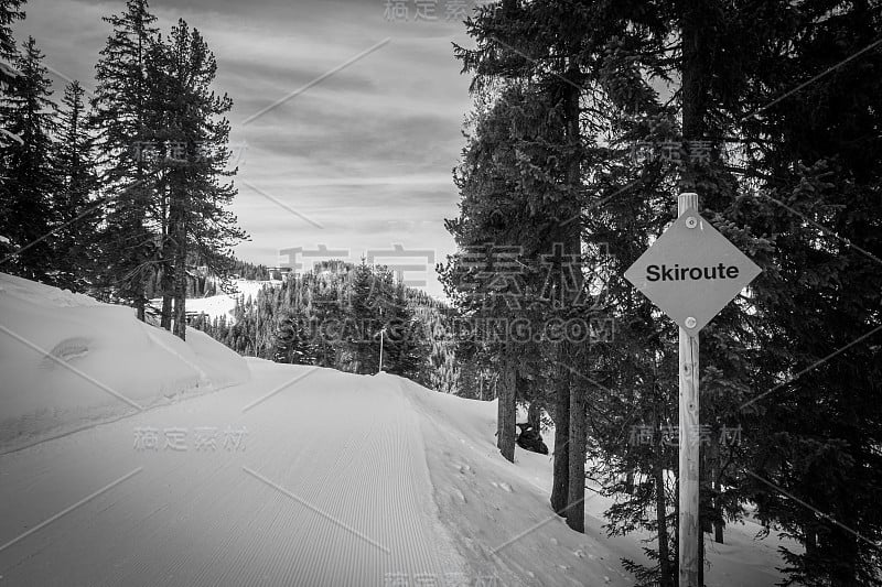 一个写着“skiroute”的红色标志矗立在一条被雪覆盖的滑雪道旁边