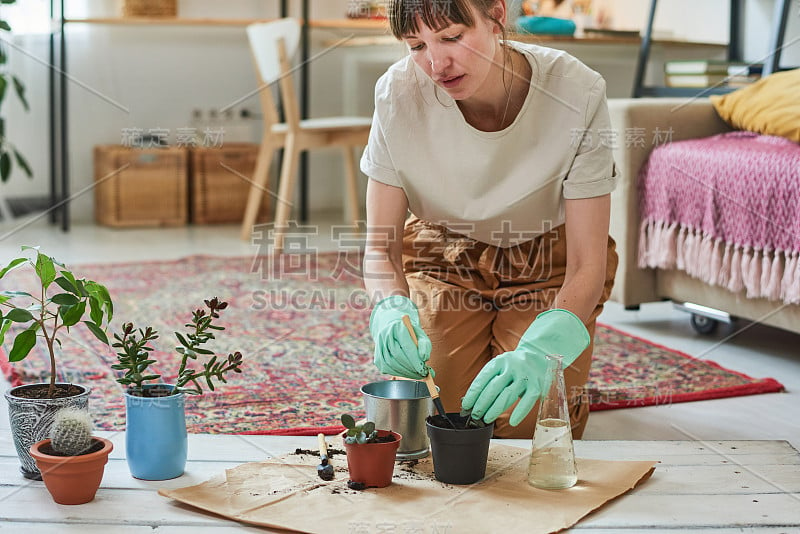 在家里种花的女人