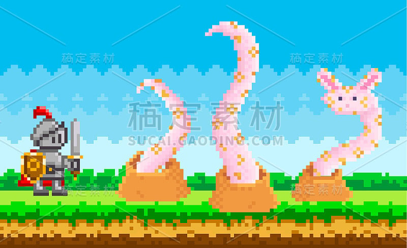 Pixel-game布局。骑士在梦幻林间空地上的绿草上与长着触须的外星植物战斗