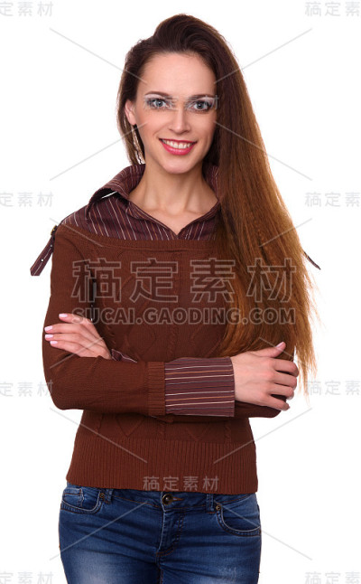 美丽的女人站在白色的背景