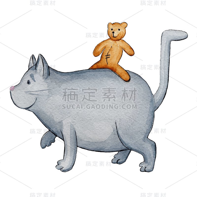 水彩画与肥猫和小泰迪熊