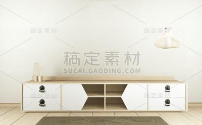 柜式电视在白色空旷的日式室内，3d渲染