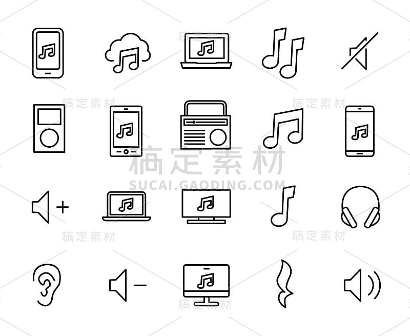 简单收集手机音乐相关的线条图标。