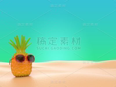 3d插图菠萝站在海滩上暑假