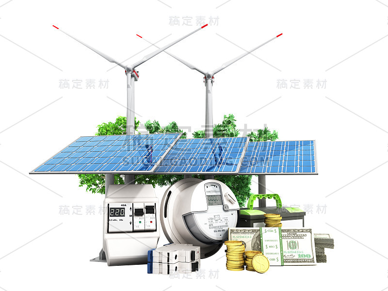节能概念太阳能电池板和风车附近的电表3d渲染上白色没有阴影