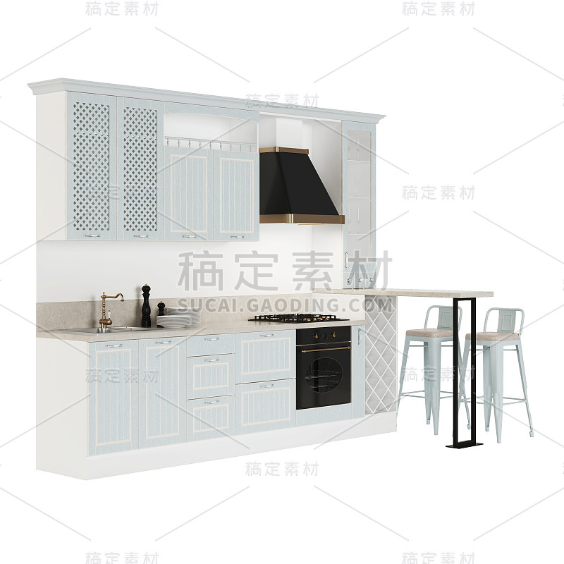 厨房。白色背景上的家具和厨房设备。包括剪切路径。3 d渲染。