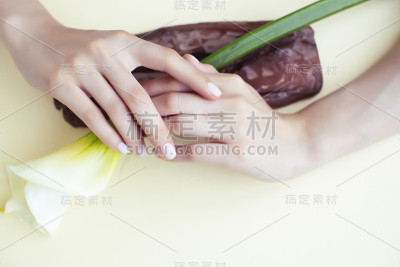 漂亮完美的女人的手与白色的指甲和小花在彩色的背景