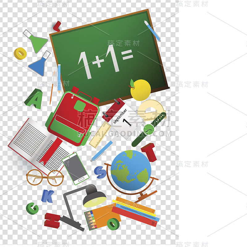 回到学校横幅设置与平面图标。矢量平面插图。艺术和科学贴纸。教育的概念。