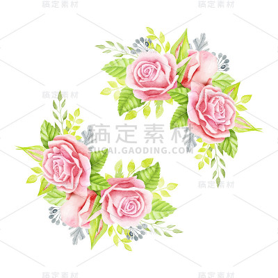 粉红色的玫瑰花束。水彩插图