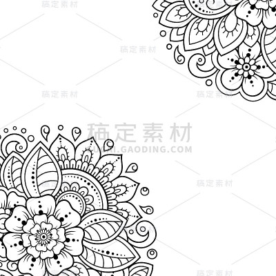 用指甲花纹身装饰图案装饰封面为书籍，笔记本，棺材，杂志，明信片和文件夹。曼海蒂风格的花。东方传统的框
