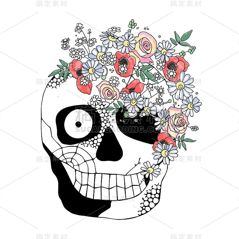 Vector hand drawn illustration of smiling skull wi