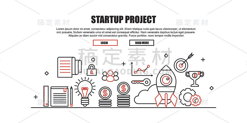 启动项目概念标题，网站横幅。平面细线设计矢量插图。