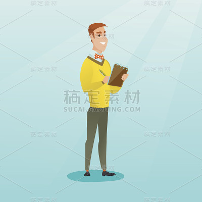 记者用铅笔在笔记本上写字