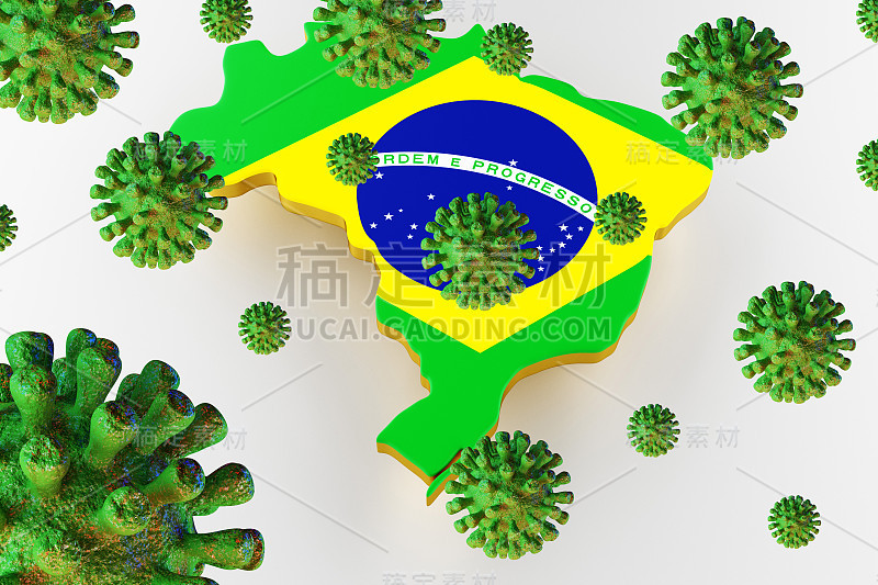 传染性艾滋病毒艾滋病，Flur或冠状病毒与巴西地图。三维渲染