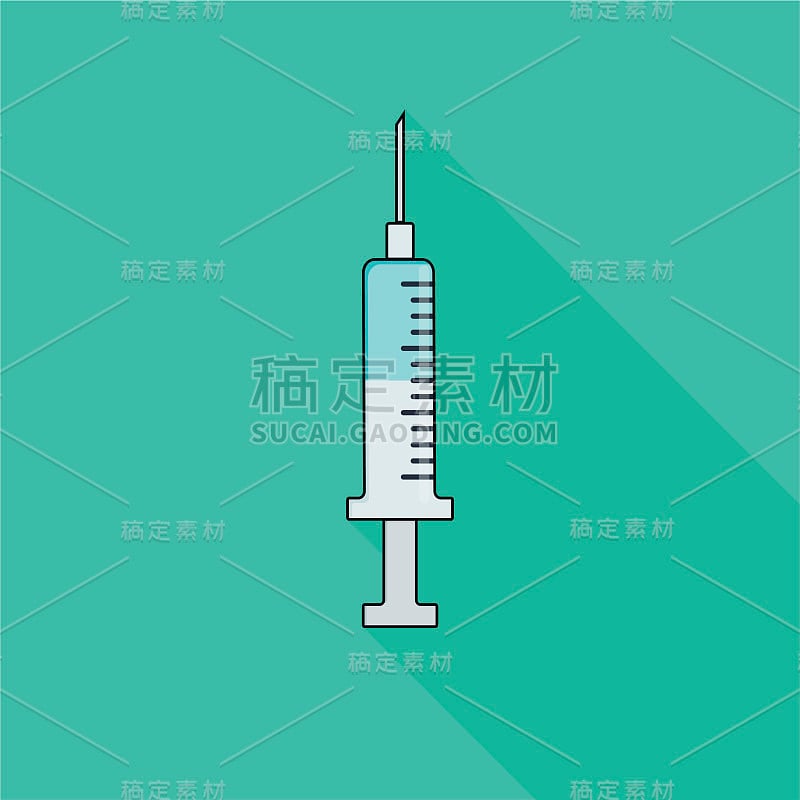 现代图标注射器，背景绿色和扁平风格，紧急，长阴影