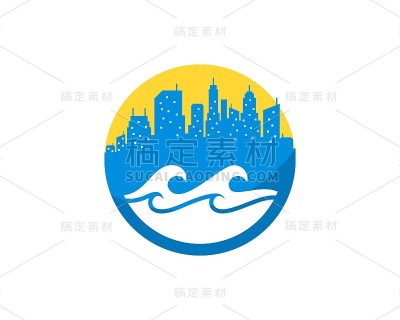 圆形，上面有城市建筑和海滩波浪
