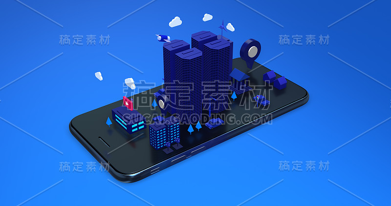 基于智能手机的等距3D城市开发。未来智能城市。