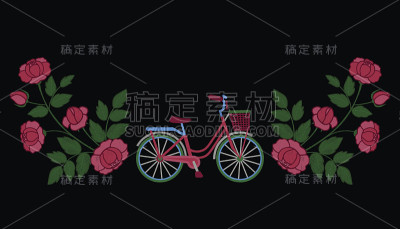 自行车和玫瑰刺绣图案