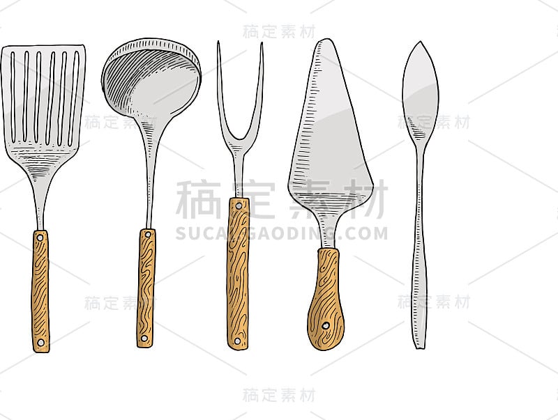 热抹刀，鱼子酱和甜点，叉鲱鱼或勺。厨具、厨具、菜单装饰用品。手工雕刻的老素描和复古风格