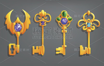 金卡通钥匙。矢量插图。