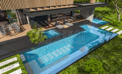 现代住宅的3d渲染与木板立面