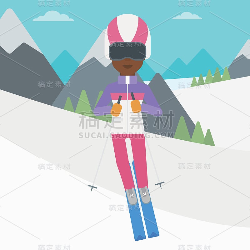 Young woman skiing vector illustration.