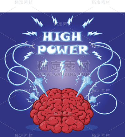 有趣的海报:电极通电的大脑和文字。矢量插图。
