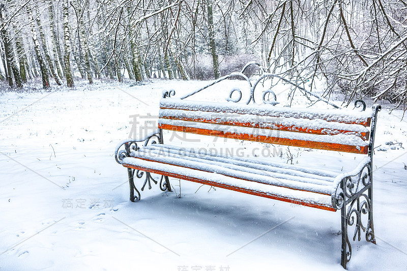 公园的长椅和树木被大雪覆盖