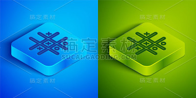 等距线tac - toe游戏图标孤立在蓝色和绿色的背景。方形按钮。向量