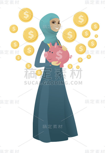 穆斯林女商人拿着一个存钱罐