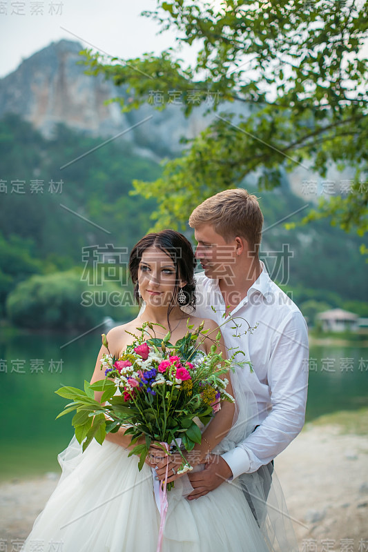 新婚夫妇快乐的夏日漫步在湖边的山上