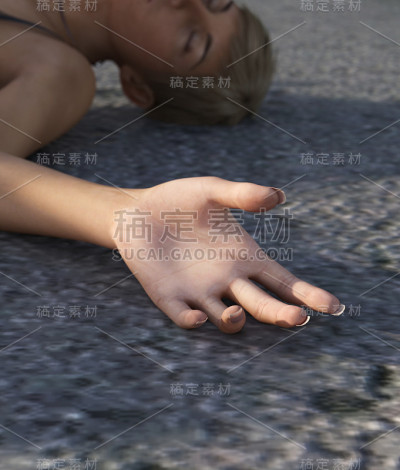 在街上失去知觉的女孩，犯罪现场或书封面的概念，3d渲染